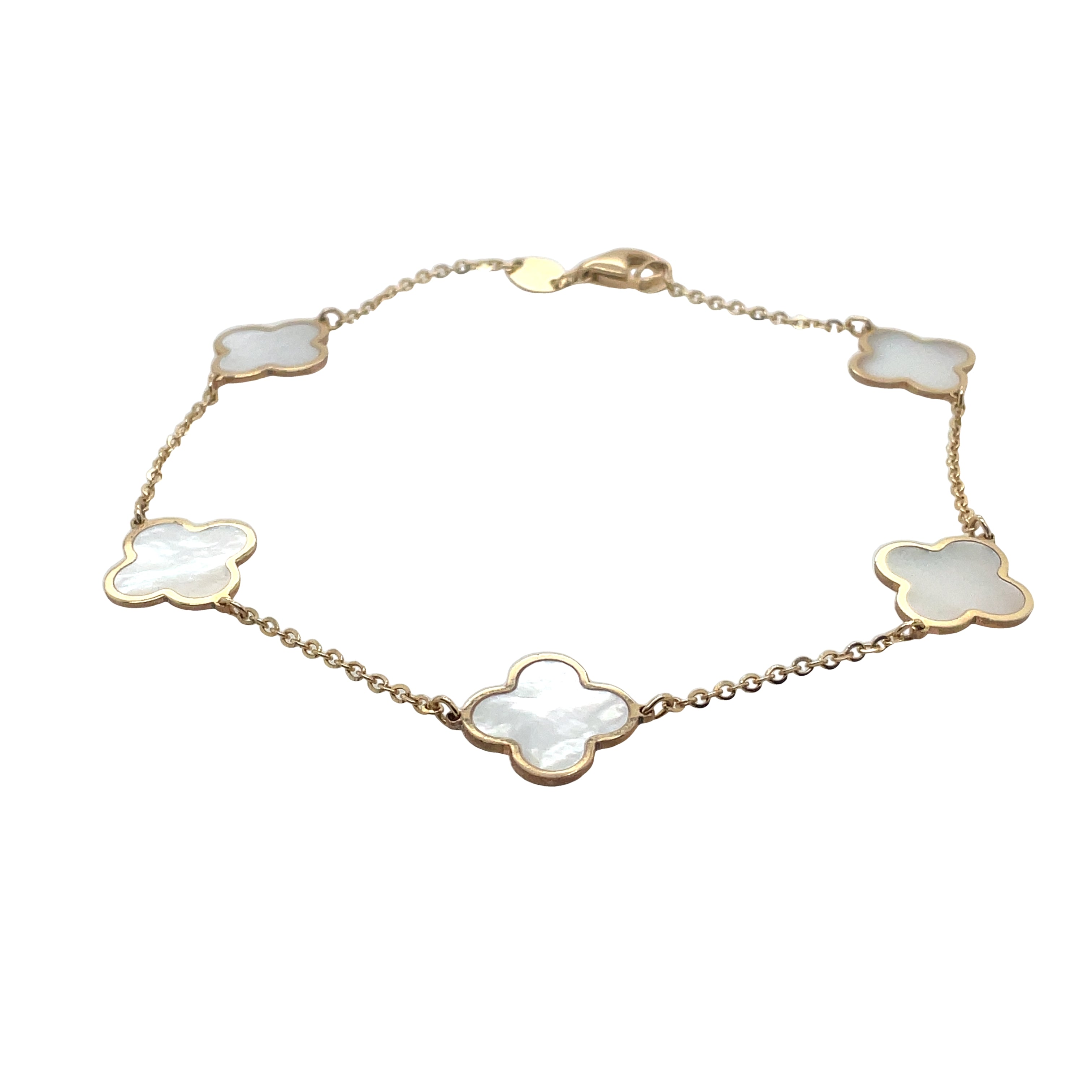 14k Yellow Gold and Mother of Pearl Necklace Clover Charm Bracelet