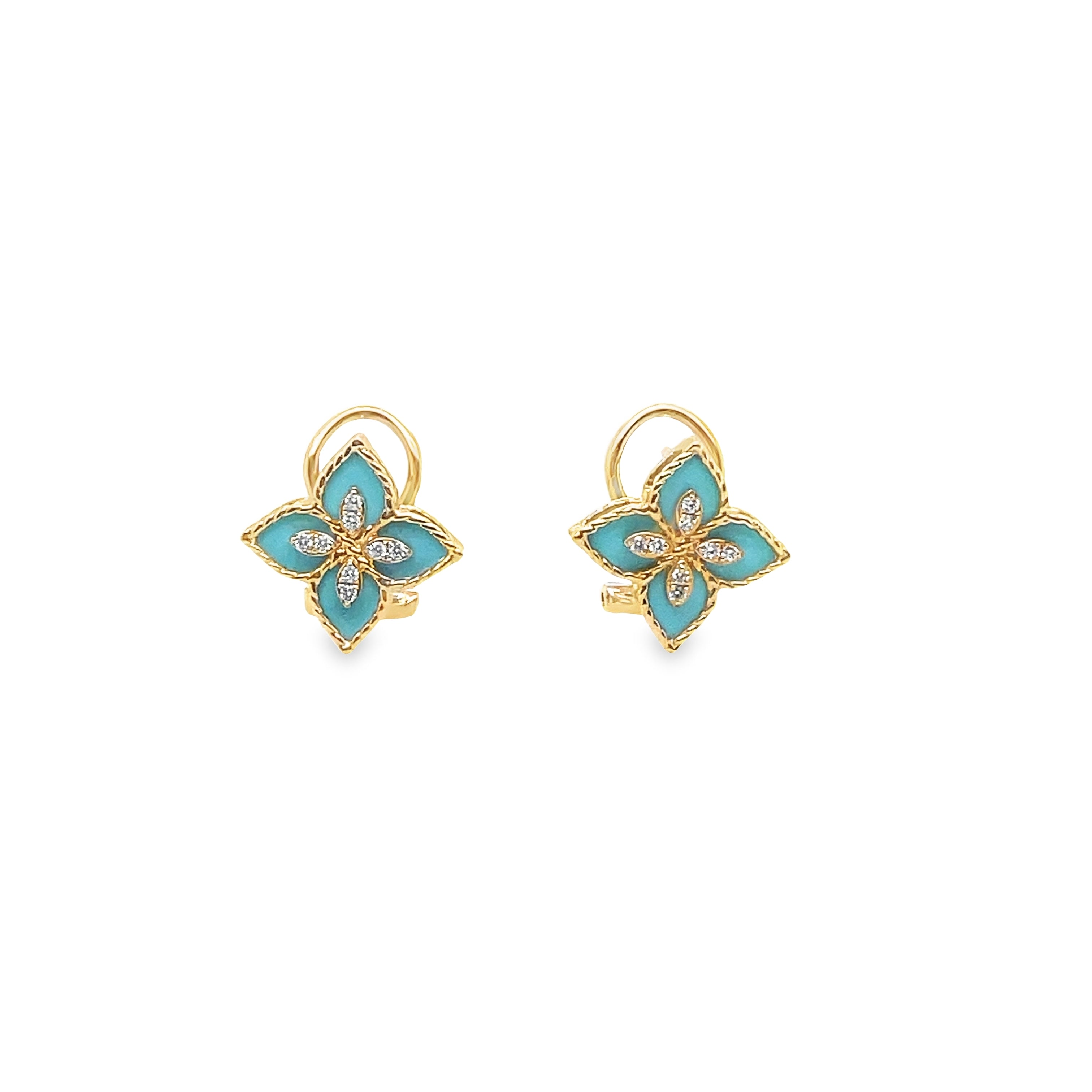 Turquoise Blue Enameled Flower Diamond Pendant Gold Earrings