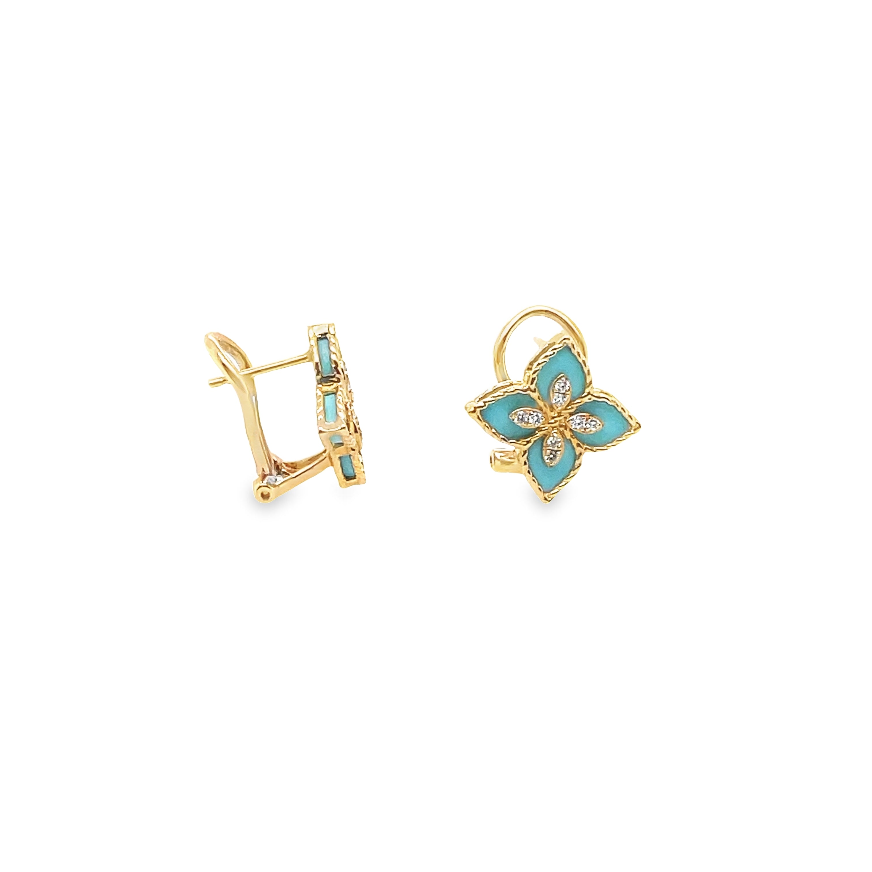 Turquoise Blue Enameled Flower Diamond Pendant Gold Earrings