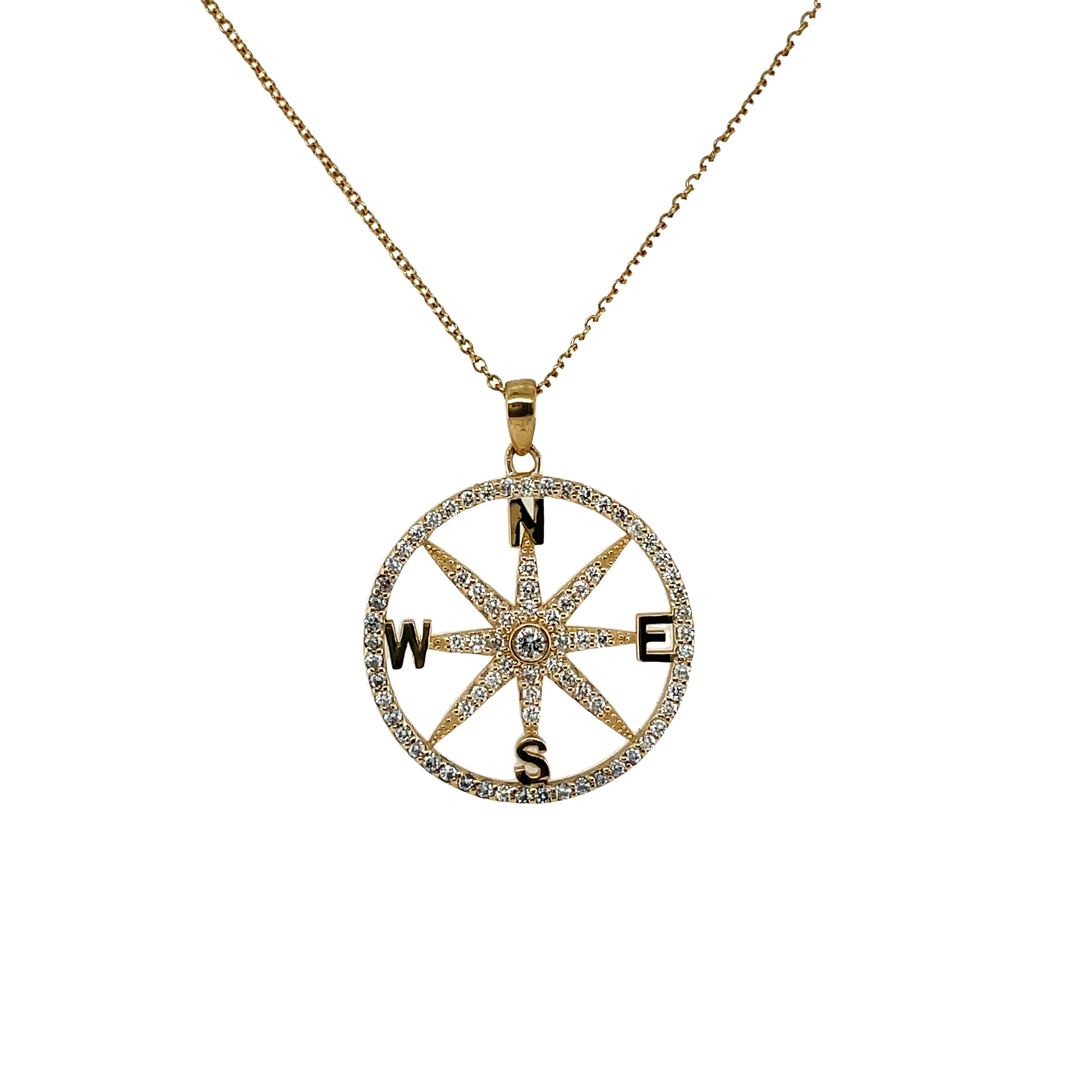 Diamond-Encrusted Gold Compass Pendant Necklace