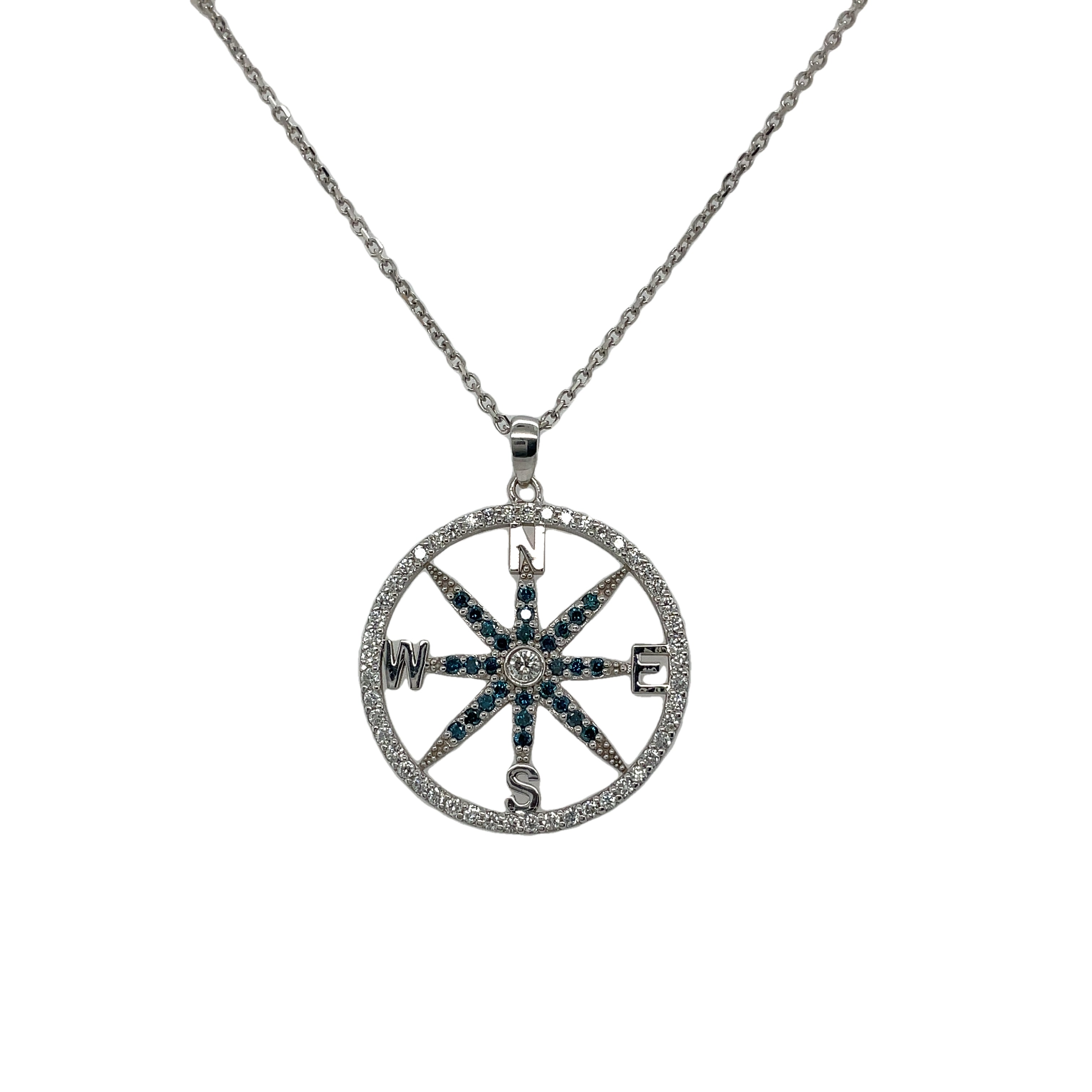 Compass Pendant in white and blue diamonds