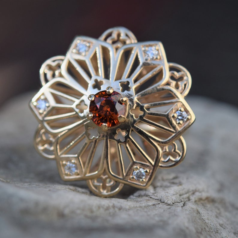 Custom Ring | Flower Ring | Intricate Ring | Statement Ring | Gold Ring | Garnet Ring | Orange Gemstone | Diamond Ring | Large Ring