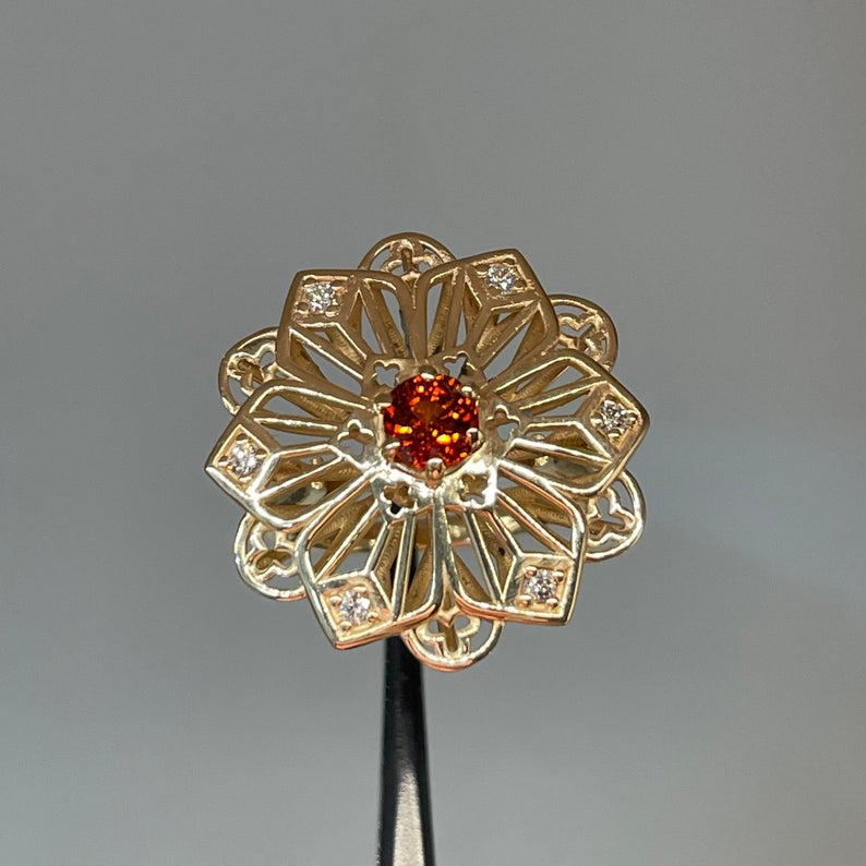 Custom Ring | Flower Ring | Intricate Ring | Statement Ring | Gold Ring | Garnet Ring | Orange Gemstone | Diamond Ring | Large Ring