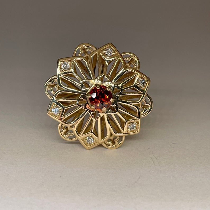 Custom Ring | Flower Ring | Intricate Ring | Statement Ring | Gold Ring | Garnet Ring | Orange Gemstone | Diamond Ring | Large Ring