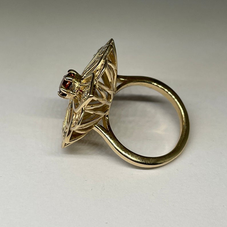 Custom Ring | Flower Ring | Intricate Ring | Statement Ring | Gold Ring | Garnet Ring | Orange Gemstone | Diamond Ring | Large Ring
