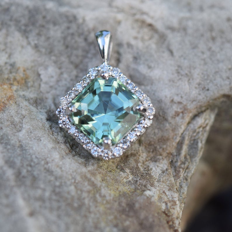 Tourmaline Pendant | Natural Green Tourmaline | Diamond Pendant | Halo Diamonds | White Gold Pendant | 14K White Gold | Green Gemstone