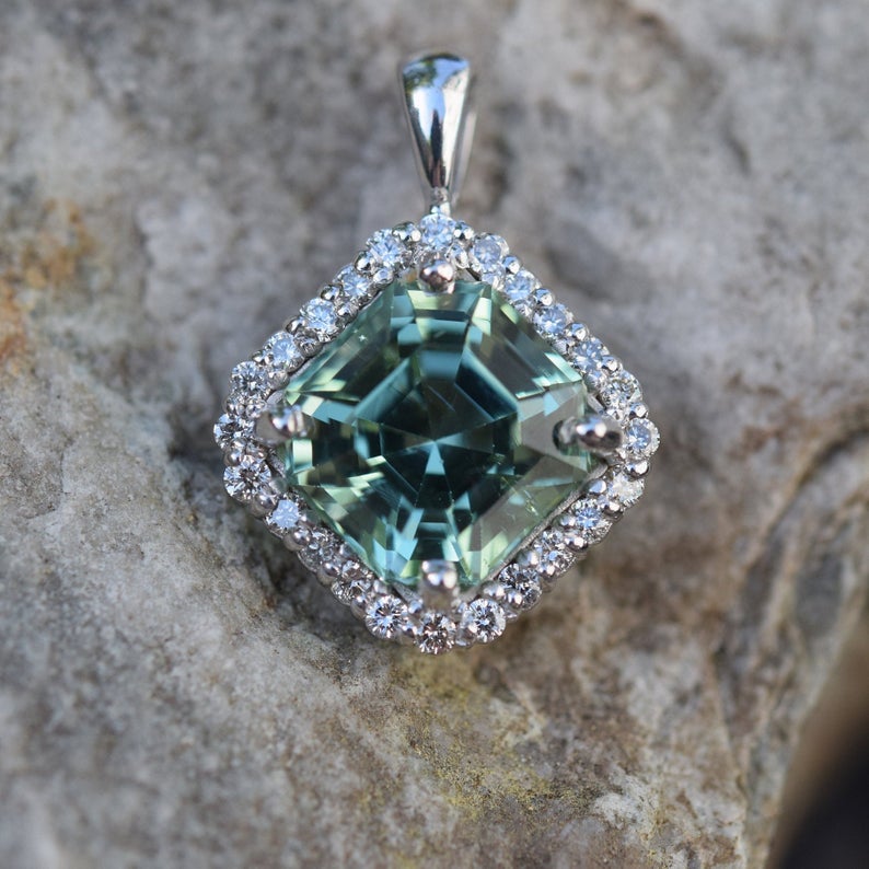 Tourmaline Pendant | Natural Green Tourmaline | Diamond Pendant | Halo Diamonds | White Gold Pendant | 14K White Gold | Green Gemstone