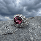 Round Purplish Red Tourmaline Bezel Set Diamond Pavé Cocktail Ring in White Gold