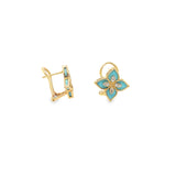 Turquoise Blue Enameled Flower Diamond Pendant Gold Earrings