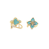 Turquoise Blue Enameled Flower Diamond Pendant Gold Earrings