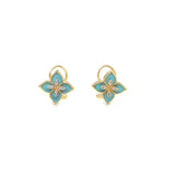 Turquoise Blue Enameled Flower Diamond Pendant Gold Earrings