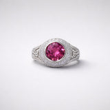 Round Purplish Red Tourmaline Bezel Set Diamond Pavé Cocktail Ring in White Gold