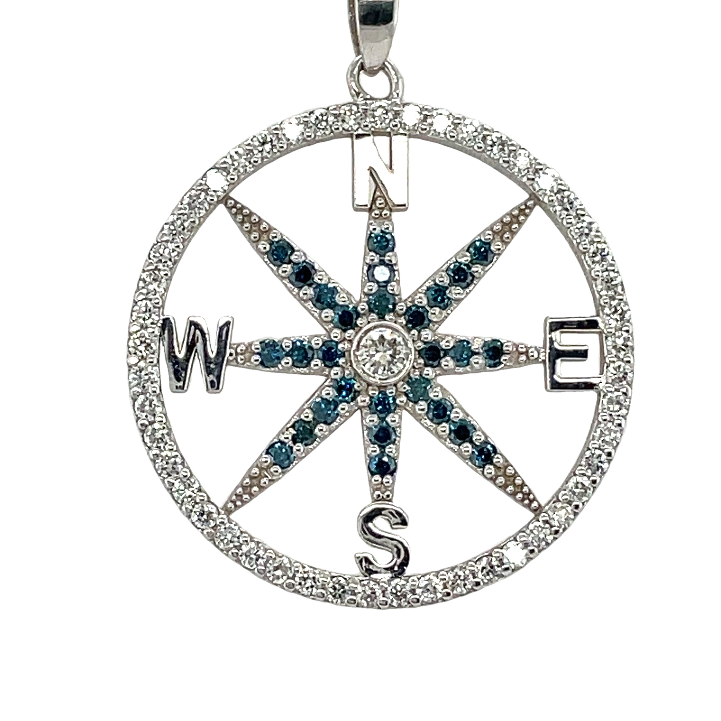 Compass Pendant in white and blue diamonds