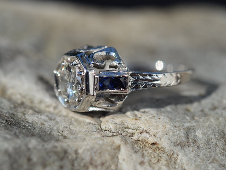 Diamond | SapphireRing | Art Décor| Platinum | StatementRing |Vintage Ring | 1920s Jewelry| Antique | Engagement |OctagonBezel