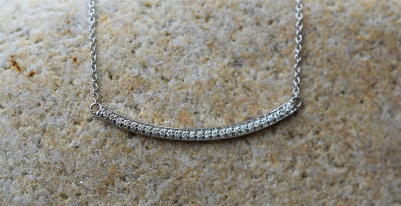 White Gold Necklace | Bar Necklace | DiamondBar Necklace | Dainty Necklace| MinimalistNecklace | Pave Set Diamonds |14K White Gold