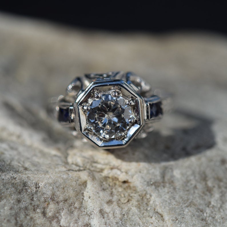 Diamond | SapphireRing | Art Décor| Platinum | StatementRing |Vintage Ring | 1920s Jewelry| Antique | Engagement |OctagonBezel